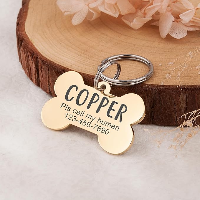 Anavia Personalized Pet ID Tags, Stainless Steel Glossy Laser Engraved Dog Cat Collar Name Tags, Multiple Colors Shapes Sizes (Bone, Small)