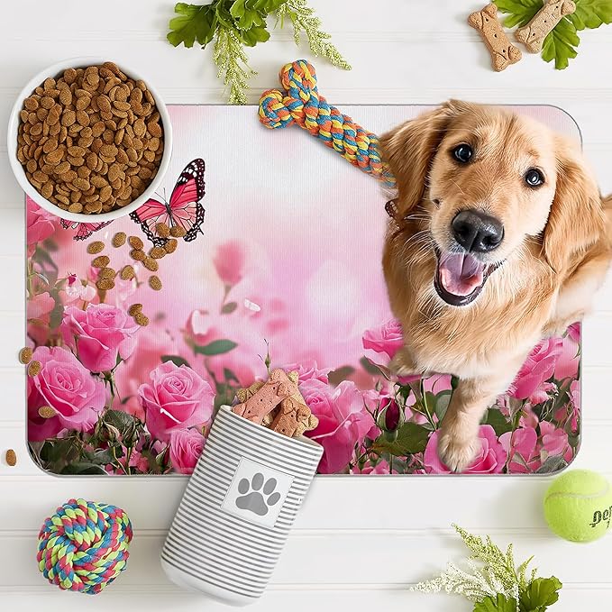 Rose Pink Dog Cat Food Mat,Butterfly Absorbent Pet Feeding Mat for Food and Water,Non-Slip Dog Bowl Mats Floor Protector 12"x20"