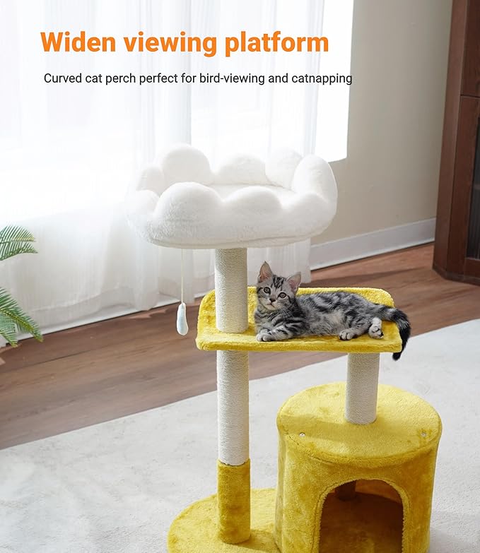 Happi N Pets Cat Tree, 33" Multi-Level Cloud Cat Tree Tower with Cozy Padded Bed & Large Condo for All Sized Cats, Featuring Scratching Posts, Viewing Perch & Toys, Stable Small Cat Tower