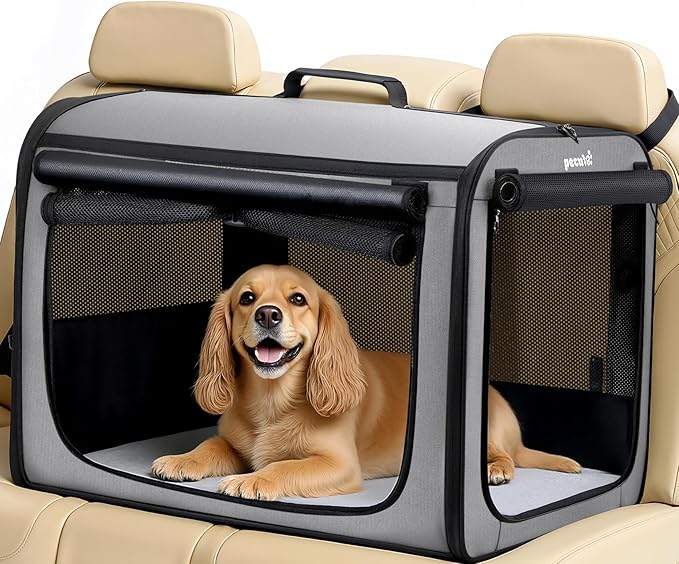 Large Dog Car Carrier Light Weight, 27×20.5×20.5ins Dog Carrier for Cars, Portable Dog Car Crate with Breathable Windows, Stable Pet Carrier for Both Indoor and Outdoor Use, Pet Travel Crate Gray