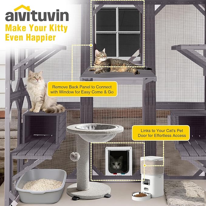 Aivituvin Catio Outdoor Cat Enclosure with 7 Platforms, 2 Resting Boxes, Large Window Cat House for 6-8 Mulitiple Cats Walk in Kitty Cage with Weatherproof Tarp Roof 71"