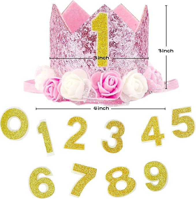 Pet Crown Dog Birthday Hat Reusable Birthday Party Crown Girl Cat Doggie Headband Hats with 0-9 Figures Charms Gift Grooming Accessories with Glue Dots Pack of 1(Pink)