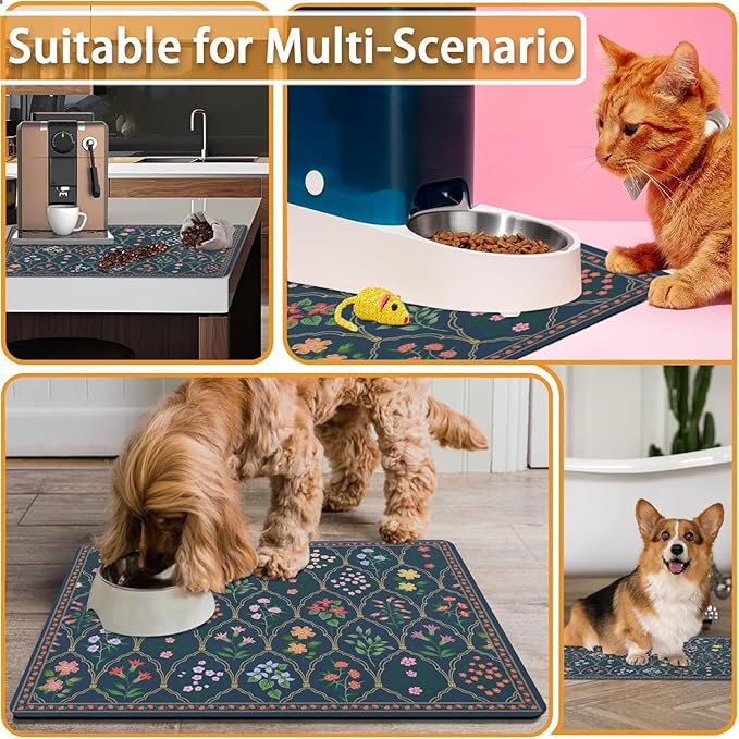 Absorbent Pet Dog Bowl Mat for Food and Water, Pet Cat Food Feeding Mat with Non Slip Rubber Backing, Dog Food Mats for Floors Waterproof, 17"x30"