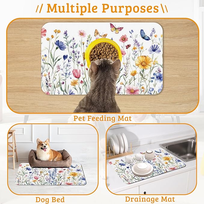 Flowers Butterfly Dog Food Mat,Colorful Absorbent Pet Feeding Mat for Food and Water Bowl,Quick Dry Dog Placemat Non Slip Rubber Backing Waterproof Pet Supplies 12" x 20"