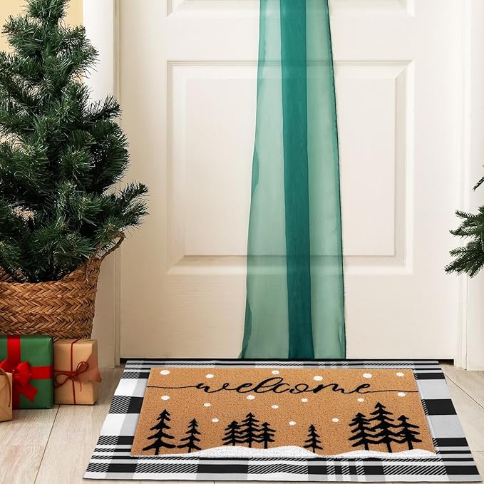 Tinideya 2 Pcs Door Mat Welcome Non Slip Coir Mats Floor Layering Doormats Seasonal for Front Porch Entryway Decor(Snowy Tree)
