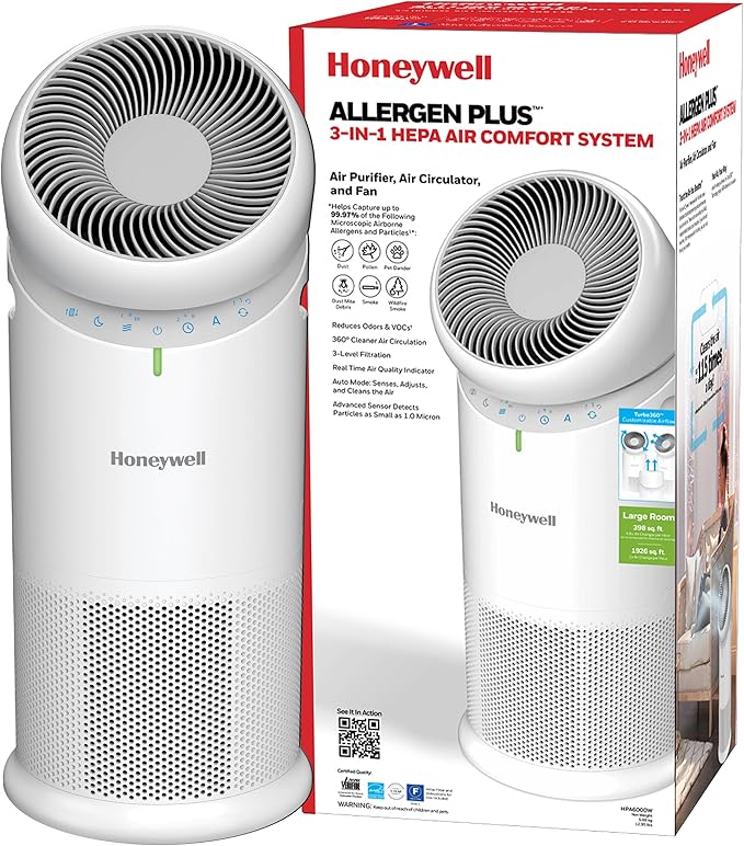 Honeywell Allergen Plus™ 3-in-1 HEPA Air Purifier for Home, Fan & Adjustable Airflow for Large Rooms up to 1928 Ft², Air Quality Sensor, Reduces Allergens, Pet Dander & Odors, HPA6000, White