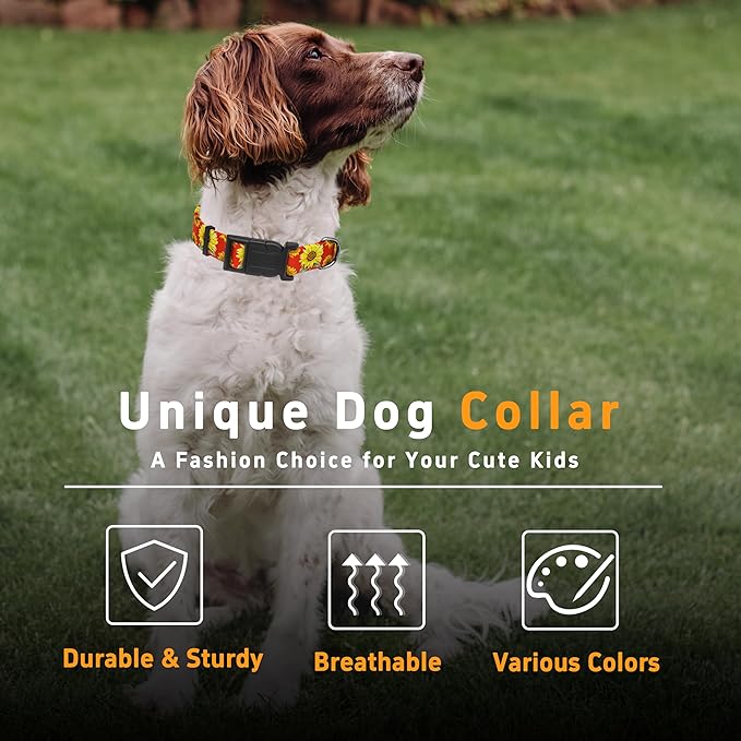 Dog Collar, Floral Boys Girls Puppy Collar for Small Medium Large Dogs, Adjustable Soft Pet Collar with Safety Buckle for Male Females (Red Sunflower, L)