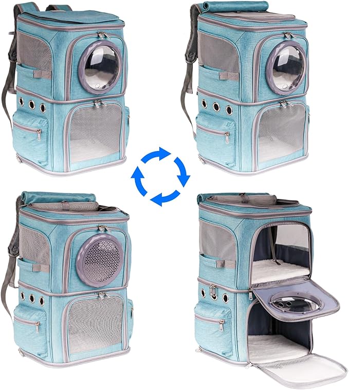 2-in-1 Pet Carrier Backpack for Two Cats or One Dog, Green Double-Layer 2 Compartment Carry Bag to Transport Small Animals Traveling and Hiking, Space Capsule Clear Bubble Dome
