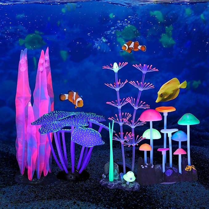 Lpraer 4 Pack Glow Aquarium Decorations Branch Coral Reef Mushroom Seaweed Simulation Glow Plant Glowing Effect Silicone for Fish Tank Decorations