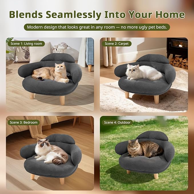 Cat Sofa Furniture-Style Pet Bed with Removable Cotton Velvet Cover, Solid Pine Wood Legs, for Cats and Small Dogs, Gray