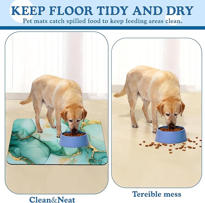 Green Marble Pet Feeding Mat for Floors–Christmas Stocking Absorbent Quick Dry Dog Cat Bowl Mat for Food and Water, Non Slip Waterproof Base, Mess-Free Feeding Accessories 12"x20"