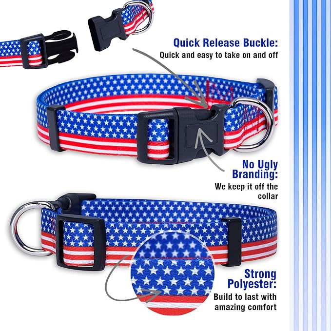 Native Pup American Flag Dog Collar- Red White and Blue- Patriotic Collars for 4th of July, USA- Adjustable Small, Medium, Large Breed Dogs (Medium, Flag II)