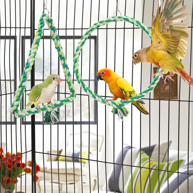 Wontee Bird Swing Bird Rope Perch Parrot Climbing Stand for Parakeets Budgies Cockatiel Conure Quaker Caique (M(9.8IN, 9.8IN))