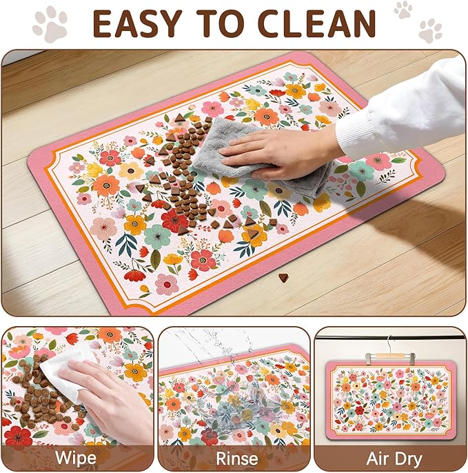 Dog Food Mat for Bowls, Absorbent Quick Dry Dog Cat Mats for Food and Water, Non-Slip Backing Pet Mat Pet Supplies - Pink Floral Pattern