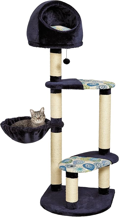 MidWest Homes for Pets Cat Tree Resort, 4-Tier Sisal Wrapped Cat Scratching Post, Blue/White Pattern, 24.75L x 37.25W x 60H Inches