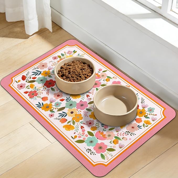 Dog Food Mat for Bowls, Absorbent Quick Dry Dog Cat Mats for Food and Water, Non-Slip Backing Pet Mat Pet Supplies - Pink Floral Pattern