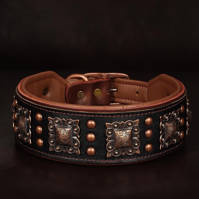 PET ARTIST Upgrade Padded Leather Dog Collar, 2 inch Wide Genuine Leather Dog Collars with Strong Studded Rivet & Metal Buckle, Adjustable Large Dog Collar for Pit Bull Doberman,Black,Neck 19-22"