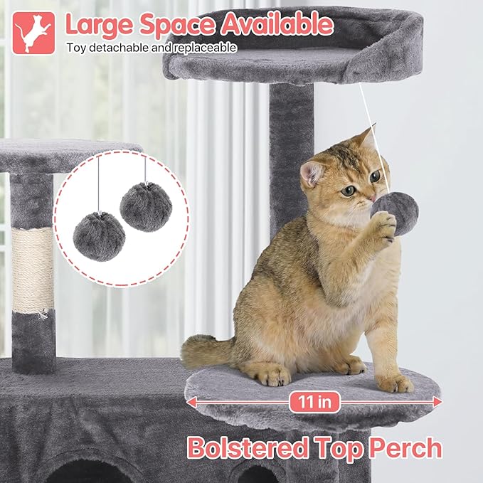 70in Cat Tree Cat Climbing Tower with Scratching Post, Cats House Perch Kitten Tree Condo Wood Playhouse, Pet Trees Tower for Indoor Cats, Light Gray