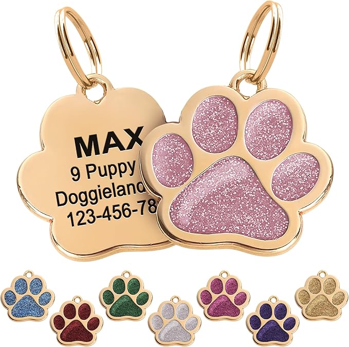 Paw Shape Dog ID Tag Stainless Steel Custom Laser Engraved, Cute Bling Glitter Pet Name Tags Personalized with Durable Engraving (Gold Sparkly Paw)