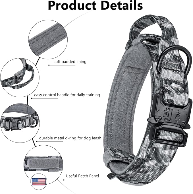 DAGANXI Tactical Dog Collar, Adjustable Military Training Nylon Dog Collar with Control Handle and Heavy Metal Buckle for Medium and Large Dogs, with Patches and Airtags Case (M, Camo)