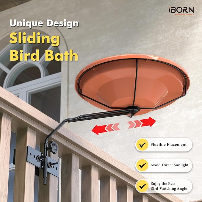 iBorn Bird Bath for Outside,Fence Mounted Bird Baths 12in,BPA-Free Bowl,360°Swivel & Adjustable Height Bracket,Detachable Bird Bath for Fence Railing, Pack of 1