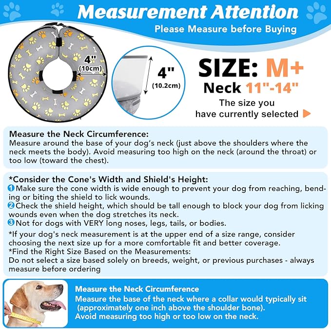 Inflatable Dog Cone with Anti-Licking Clear Shield, Protective Dog Donut Collar After Surgery, Adjustable Soft Recovery Cone for Pets, Alternative Collar with Buckle Strap (Grey, M+)