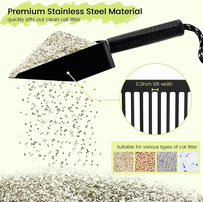 Metal Cat Litter Scooper with Holder, Stainless Steel Metal Litter Scoop Includes Portable Small Broom and Dustpan Set, Speed Sifter Cat Litter Scoop Captures All Clumps, Non-Slip Handle, Easy Clean