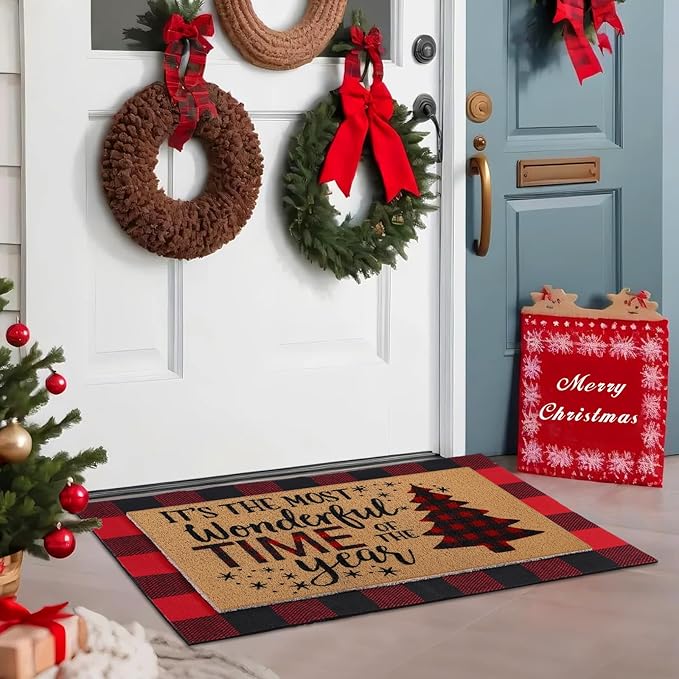 Tinideya 2 Pcs Door Mat Welcome Non Slip Coir Mats Floor Layering Doormats Seasonal for Front Porch Entryway Decor(Christmas Tree)