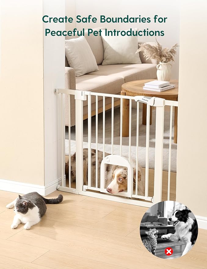 Babelio 29-48" Extra Wide Baby Gate with Adjustable Cat Door,Easy Install Pressure/Hardware Mounted,Auto Close Pet door for Stairs,House,Doorways,Effortless Walk Thru,White