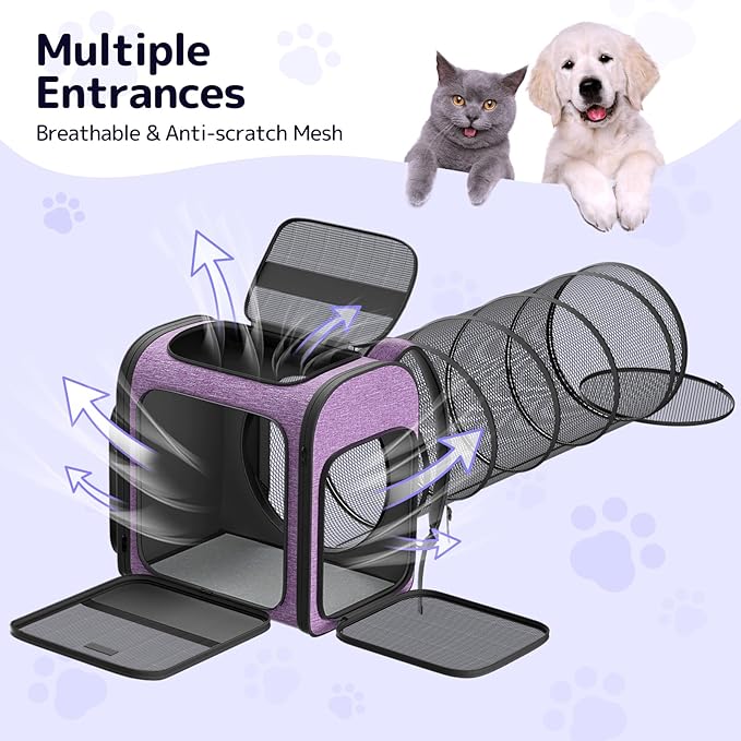 Cat Backpack Carrier with Detachable Play Tunnel, 2 in 1 Cat Tunnel Backpack Suitable for Carrying & Playing, Expandable Dog Carrier for Small Medium Kitten Puppy, Suitable for Travel Hiking Camping