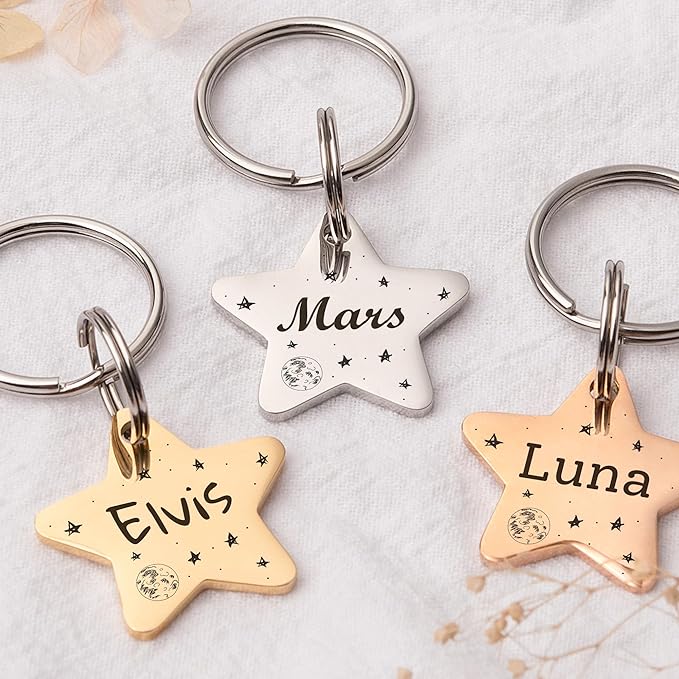 Anavia Small Size Dog Cat ID Tags, Small/XS Personalized Color Plated Stainless Steel Puppy Kitten Name Tags, Customized Engraved Nameplate Pet Collar Tag (Black, Star)