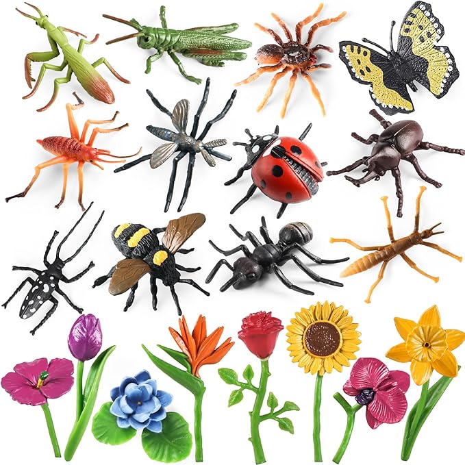 20Pcs Insect Toy Fake Plastic Bugs Figures for Kids - Flower Ladybug Bee Butterfly Ant Cricket Mantis Scorpion Spider School Project Birthday Cake Topper Party Favors April Fool's Day Prank Gifts