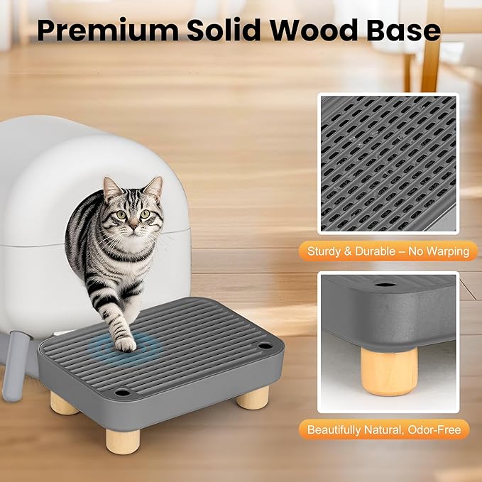 Litter Box Step, Litter Box Ramp/Catcher with Wooden Base, Anti-Tracking & Easy to Clean, Ideal for Small & Elderly Cats (Dark Gray)