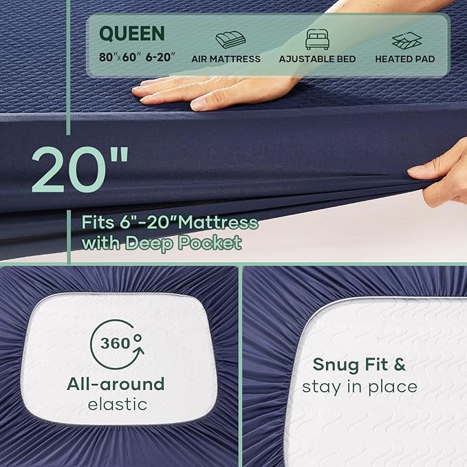 OhGeni 100% Waterproof Mattress Protector, Queen-Navy Blue Size Mattress Pad, Fits 6"-20" Mattresses with Deep Pocket, Cooling, Breathable Fitted Sheets, Soft Bed Cover, Noiseless, Machine Washable