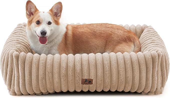 Washable Dog Bed for Small Medium Dogs - Rectangle Orthopedic Corduroy Fleece Pet Bed with Removable Cover and Nonskid Bottom, Calming Puppy Bed Soft Pet Sofa, Camel(30x24x8inchs)