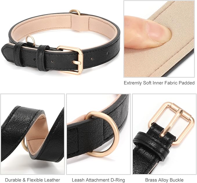 WHIPPY Leather Dog Collar for Small Medium Large Dog Adjustable Soft Breathable Leather Padded Puppy Collar with Alloy Buckle Heavy Duty Waterproof Classic Dog Pet Collar,Black,S