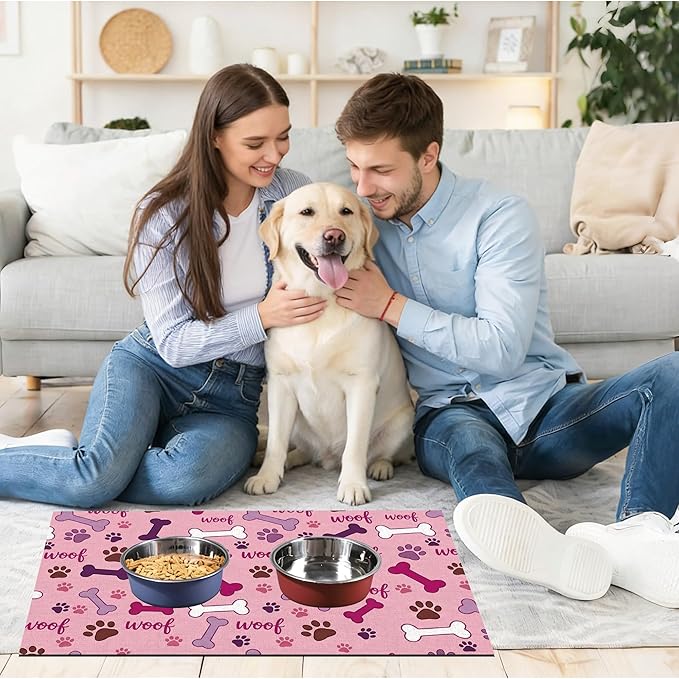 Dog Feeding Mat 20 x 12 Inch, Pink Paw Bone Woof Dog Placemat Absorbent Quick-Dry for Food and Water, Waterproof Non Slip Rubber Pet Bowl Pad Mat for Floors