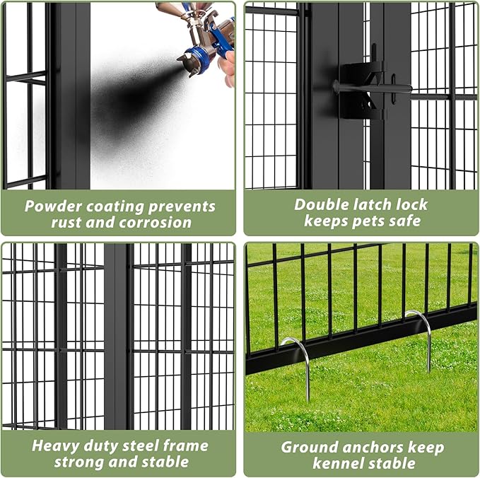 LOVMOR Outdoor Dog Kennel with Roof, Heavy Duty Steel Dog Run Enclosure for Small Dogs, Waterproof Canopy, Double Latch Door, Adjustable Feeding Bowls, Pet Pen for Yard and Patio, 4’L x 4’W x 4.25’H
