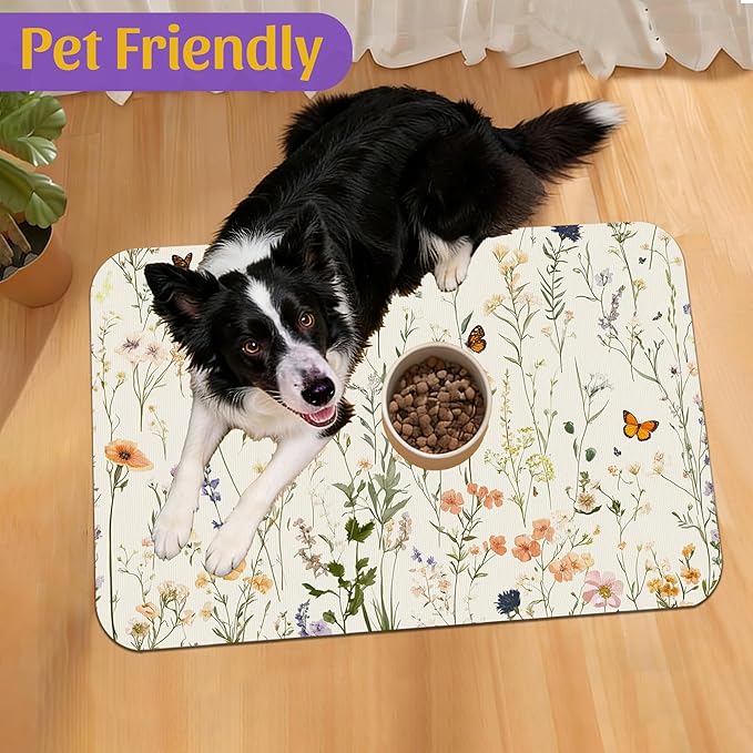 Vintage Wildflowers Herbs Pet Feeding Mat, Absorbent Bowl Pad, Quick Dry, Non-Slip Base, No Stains – 12x20 Inch