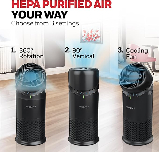 Honeywell Allergen Plus™ 3-in-1 HEPA Air Purifier, Fan & Air Circulator, 1928 Ft² Rooms in 1 hour, Air Quality Sensor, Sleep Mode, Reduces Allergens, Pet Dander, and Odors, Black, HPA6000B