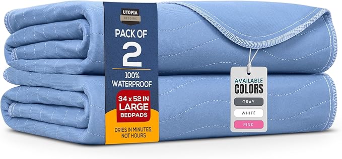 Utopia Bedding Washable Underpads 34" x 52" (Pack of 2), Waterproof Reusable Heavy Absorbency Incontinence Bed Pads for Adults, Kids, Elderly and Pets, Bedwetting Pads for Sofa and Couch (Blue)
