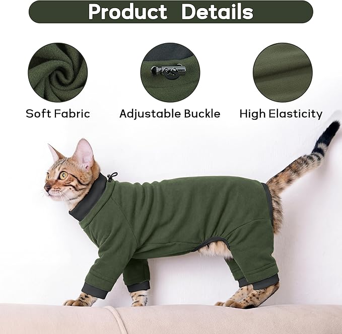 PUMYPOREITY Sticky Cat Clothes - Soft Cat Sweaters & Pajamas for Recovery & Hair Loss Prevention, Green, XS