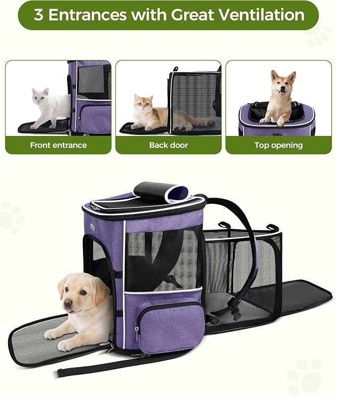 BAGLHER Expandable Cat Carrier Backpacks, Retractable Pet Carrier Backpack for Small Dogs & Cats with Breathable Mesh, Travel Bag Up to 18 Lbs for Hiking Camping Outdoor - Purple