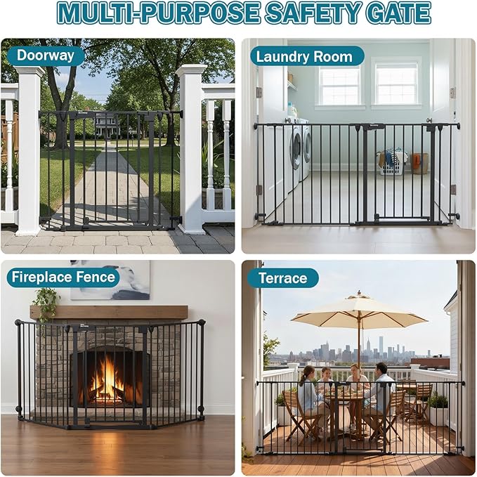 Mumeasy 80" Extra Wide Baby Gate for Doorways, Stairs & Fireplace, Auto Close Dog & Pet Gate with Walk Thru Door, 3 Metal Panels, Hardware Mounted Child Safety Fence for House, Indoor/Outdoor, Black