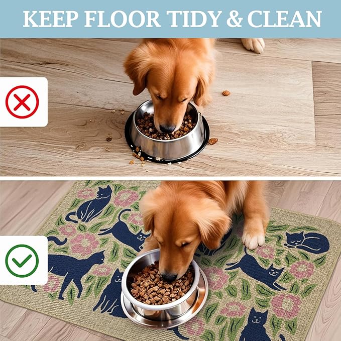 SHIYUE Dog Food Mats for Floors, Absorbent Cat Bowl for Food and Water, Non-Slip Accessories Pet Supplies(16"x24",Beige Animal Flower)