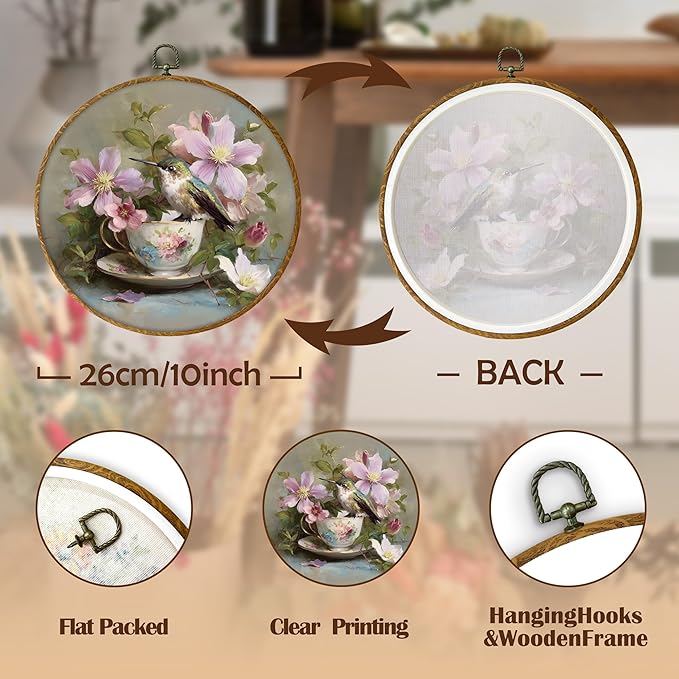 DILSJ Vintage Hummingbird Round Oval Wall Art Decor, Country Flower Bird Canvas Wall Art Framed, Watercolor Hummingbird Hanging Decorations for Home Bedroom Living Room Decor, 10x10 Inch