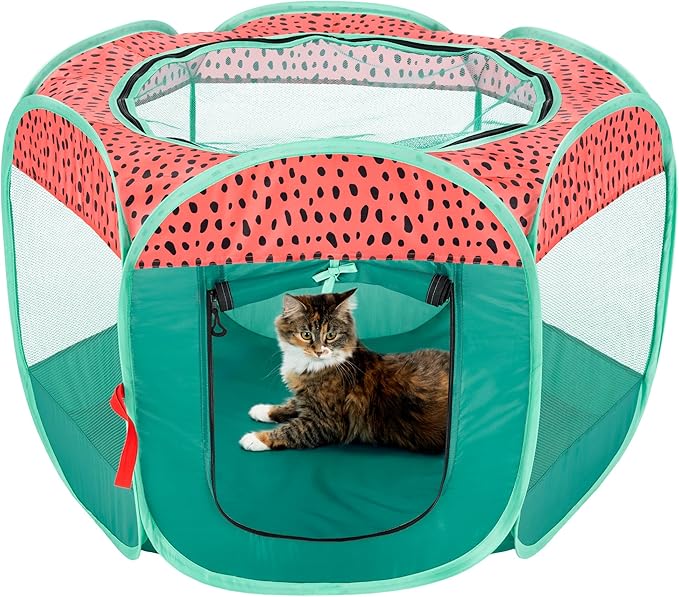 Furhaven Portable Dog Playpen Cat Tent, Pet Playground,Kennel Foldable Indoor Outdoor Zippered Puppy Crate - Green & Pink, Small