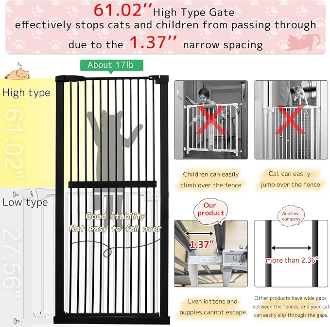 Lumizone Extra Tall Pet Gate 55.12" High Pressure Mounted 38.39"-59.24" Extra Wide (9 Sizes) 1.37" Gap for Cat Dog Stairs Doorway Hallway No Drilling Auto-Close (30.12"-59.24" W, Black)