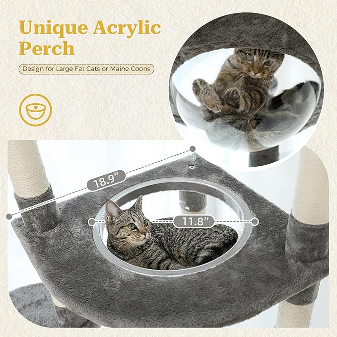 PETEPELA Floor to Ceiling Cat Tree, 92.9''-101.6''Height Adjustable Cat Tower Tall Cat Climbing Play House, Cozy Condo, Scratching Post and Spacious Hammock for Indoor Cats Large Adult, Gray