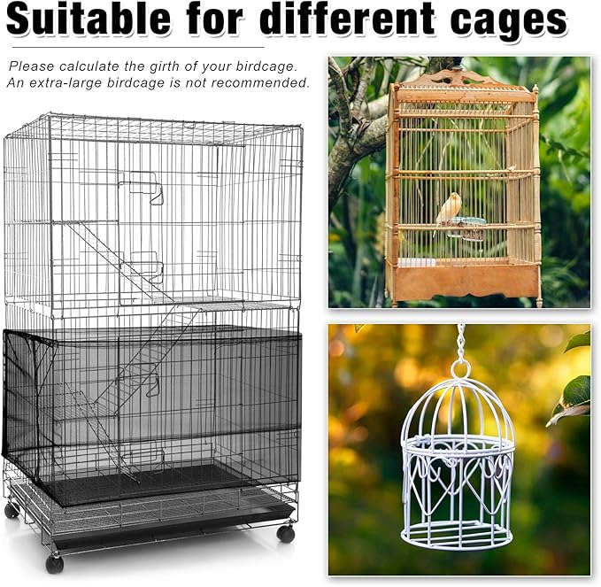 Shappy 2 Pieces Adjustable Bird Cage Seed Catcher Birdcage Cover Nylon Mesh Netting Soft Skirt Guard for Parrot Parakeet Macaw Round Square Cage(118 x 14.6 Inch,White, Black)